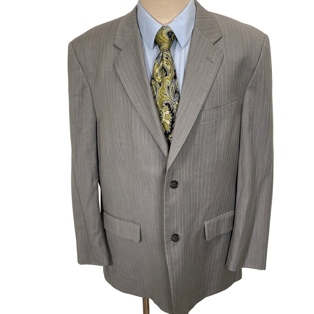 Alfani Blazer Mens 44R Light Gray Herringbone Pinstripe Neutral 2 Button Wool